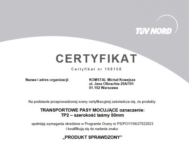 Certyfikat TUV NORD - PRODUKT SPRAWDZONY photo